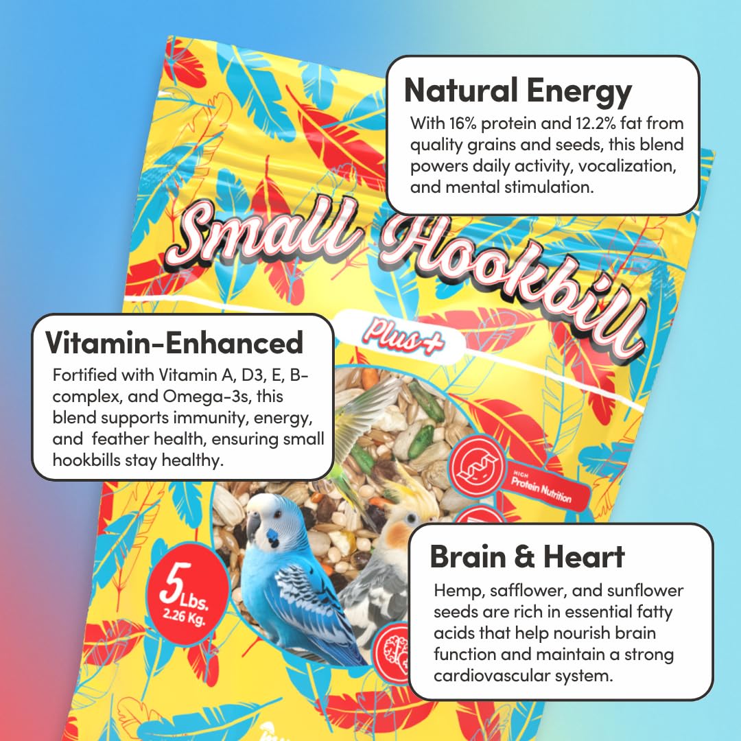 Mycelium Organic Small Hookbill Plus Feed (5 LBS) | High-Protein Bird Food for Parrotlets, Lovebirds, Cockatiels & Conures | Brain & Heart Support | Omega-Rich, Vitamin-Fortified | Non-GMO, USA Made
