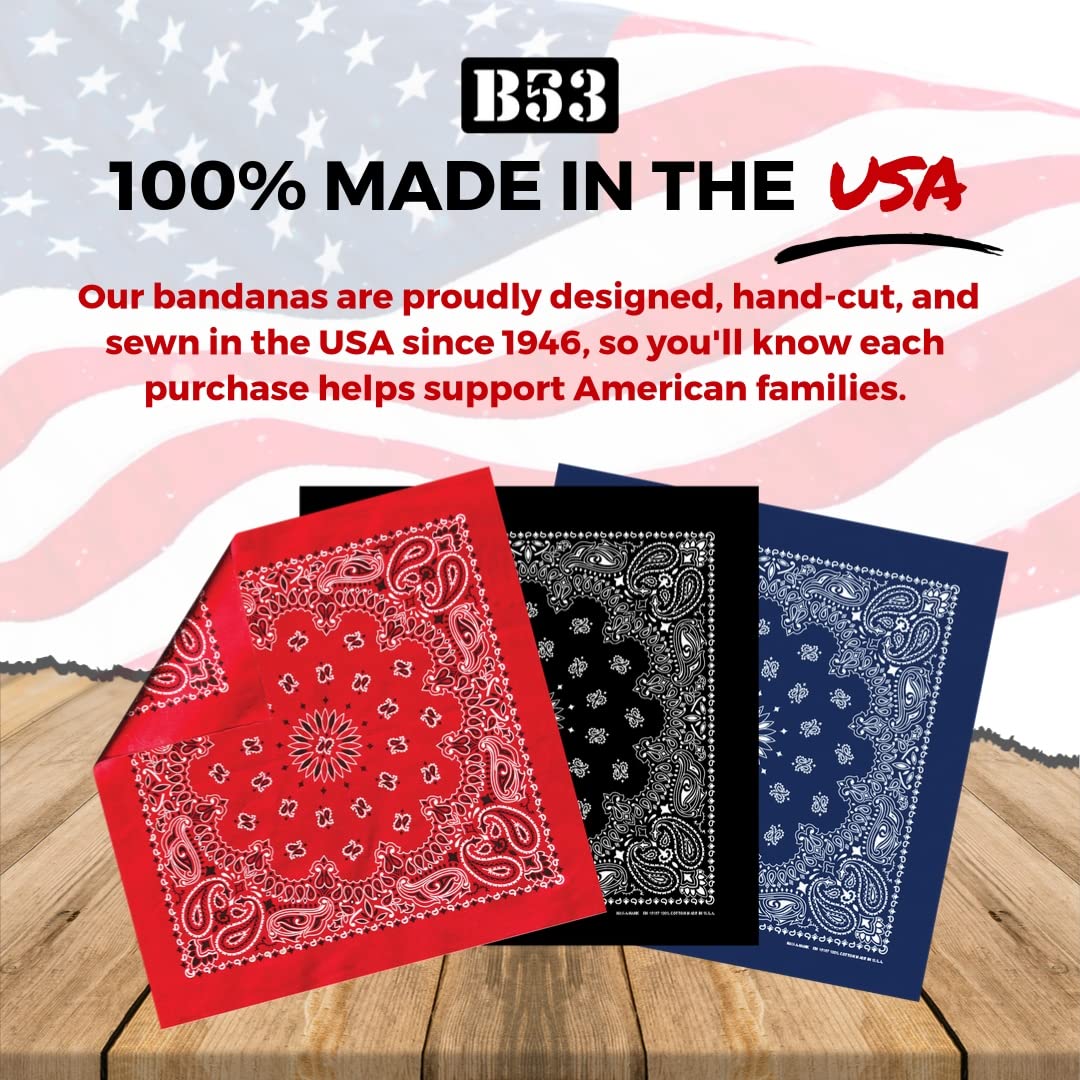 B53 100% Cotton Bandanas Made in the USA - Stylish Headband, Handkerchief, Scarf - 21 inch x 21 inch (Red, Navy, Black (6-pack))