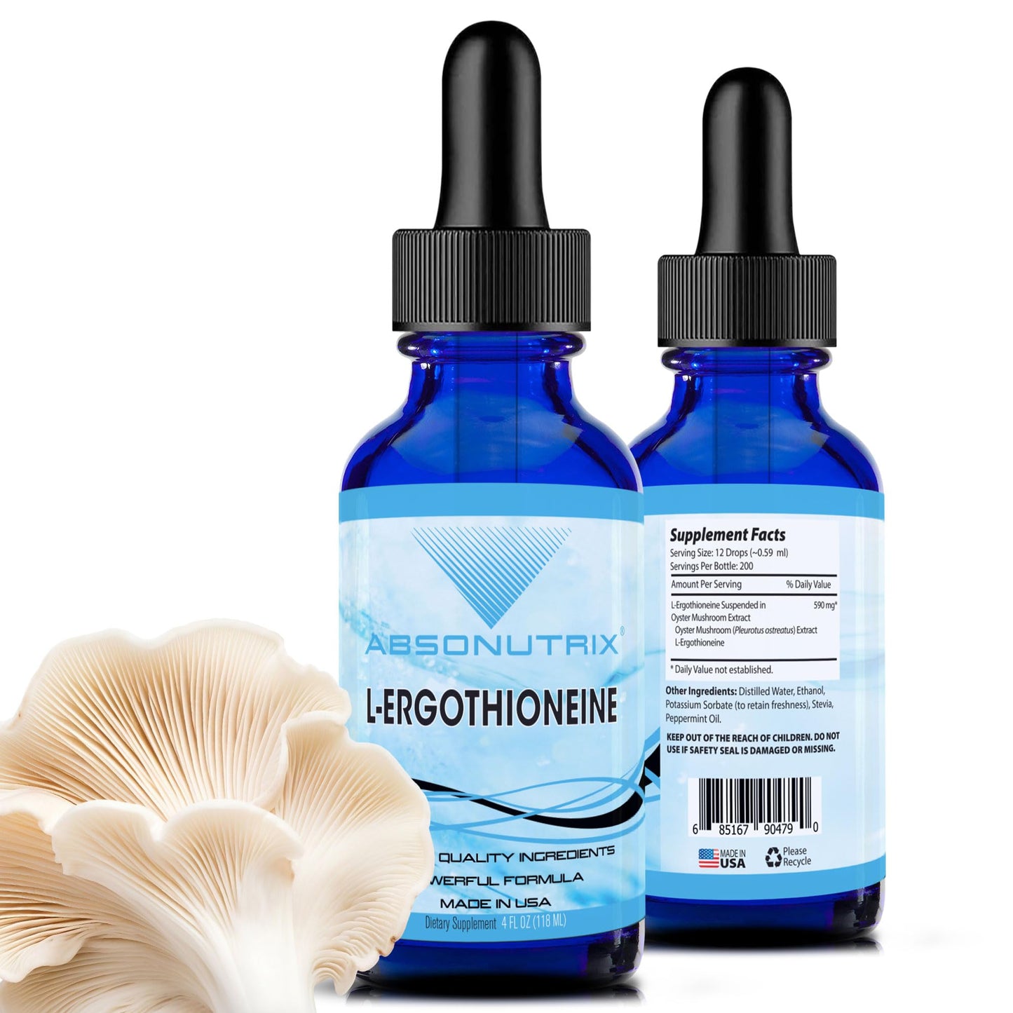 Absonutrix L-Ergothioneine Liquid Supplement 590 mg, 200 Servings, Made in USA, Quick Absorption, Quality Potent Ingredients, Non-GMO, GMP Certified Facility, Cruelty-Free Products