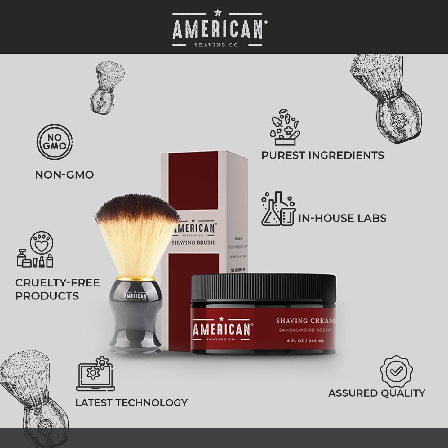American Shaving Co. Sandalwood Shaving Cream For Men With Shaving Brush 8 oz, Made in USA, Easy Application, Quality Potent Ingredients, Non-GMO, GMP Certified, Cruelty-Free Products
