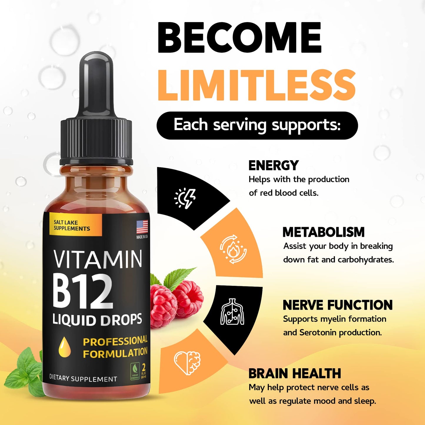 Vitamin B12 Liquid Drops - Vegan B12 vitamins 5000 mcg Methylcobalamin Fast-Acting Sublingual B Complex Liquid Vitamin B2, B3, B6 - Non-GMO, No Dairy, Soy & Sugar, Raspberry Flavor, 2 fl. oz.