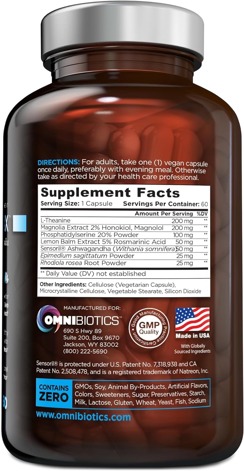 OmniBiotics Cortisol Supplement for Women and Men - High Cortisol Manager with Ashwagandha, L-Theanine, Magnolia Extract, Phosphatidylserine to Support Relaxation, Calm, Detox - 60 Vegan Capsules
