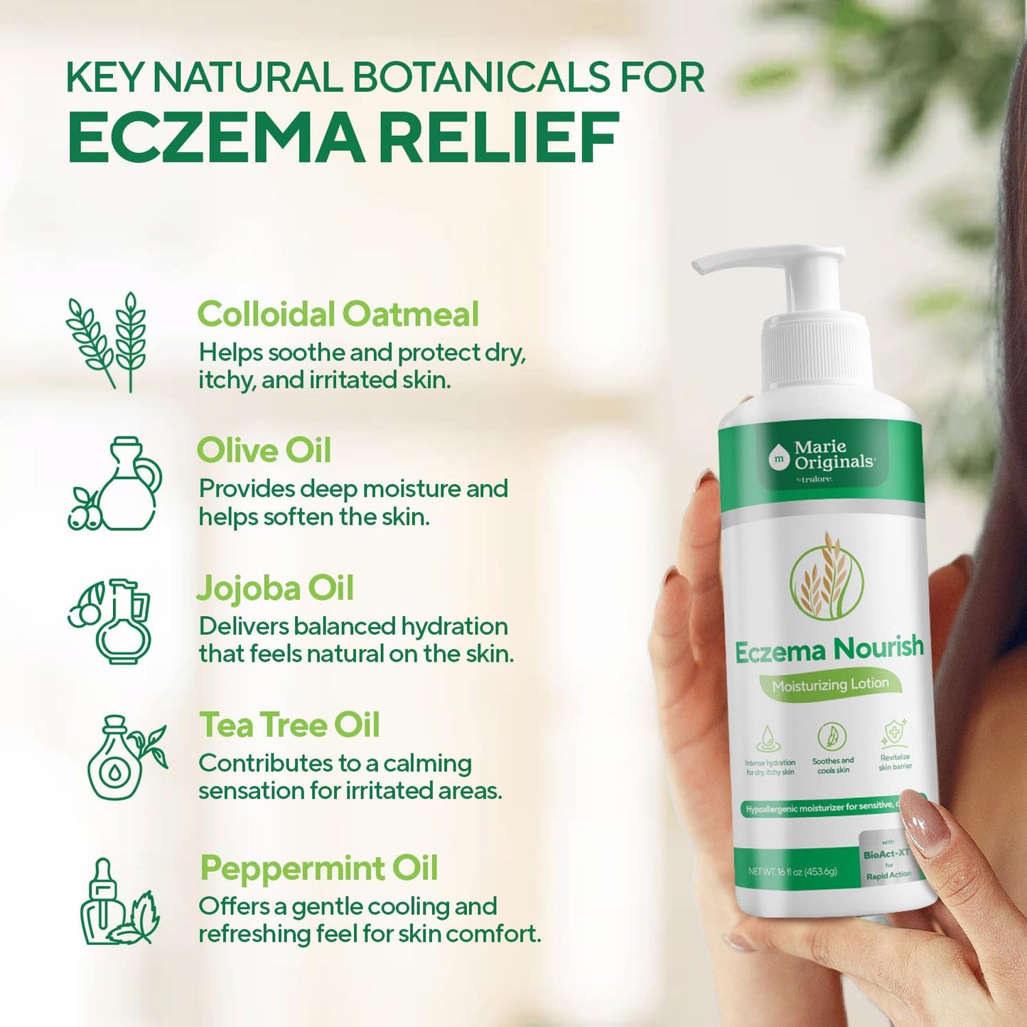 Marie Originals Eczema Nourish Moisturizing Lotion for Dry, Itchy, Sensitive Skin Relief– Hypoallergenic Formula with Colloidal Oatmeal & Natural Botanicals | Eczema Cream for Kids & Adults | 16 Fl Oz