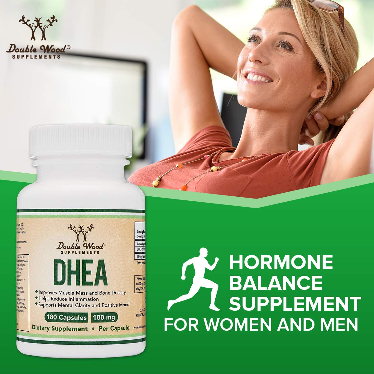 DHEA 100mg | 180 Capsules | Max Strength 6 Month Supply | Third Party Tested | Hormone Balance & Healthy Aging by Double Wood