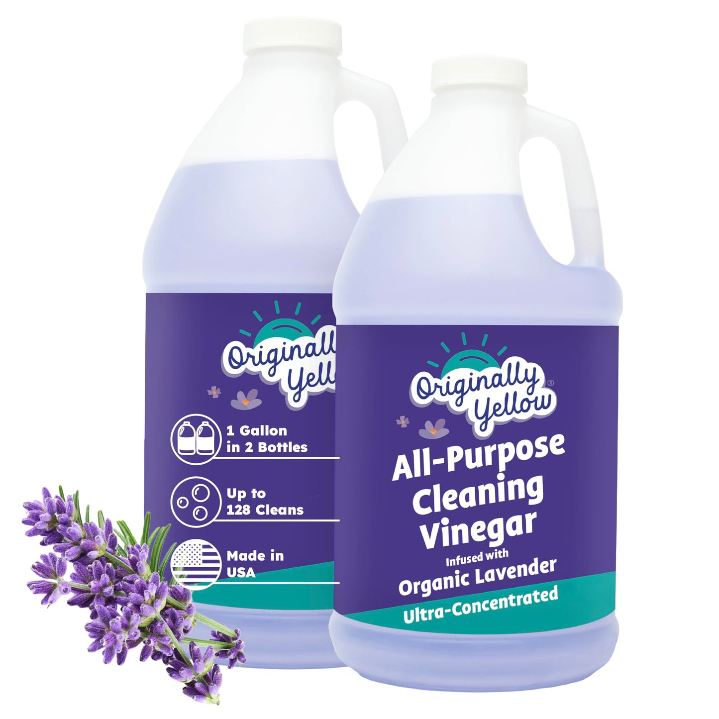 Originally Yellow Lavender Vinegar For Cleaning Purpose | USA Made All Purpose Cleaner | Use as a Floor, Glass, Kitchen, & Bathroom Cleaner | Plant Derived Vinegar 1 Gallon in 2 bottles | 128 Oz