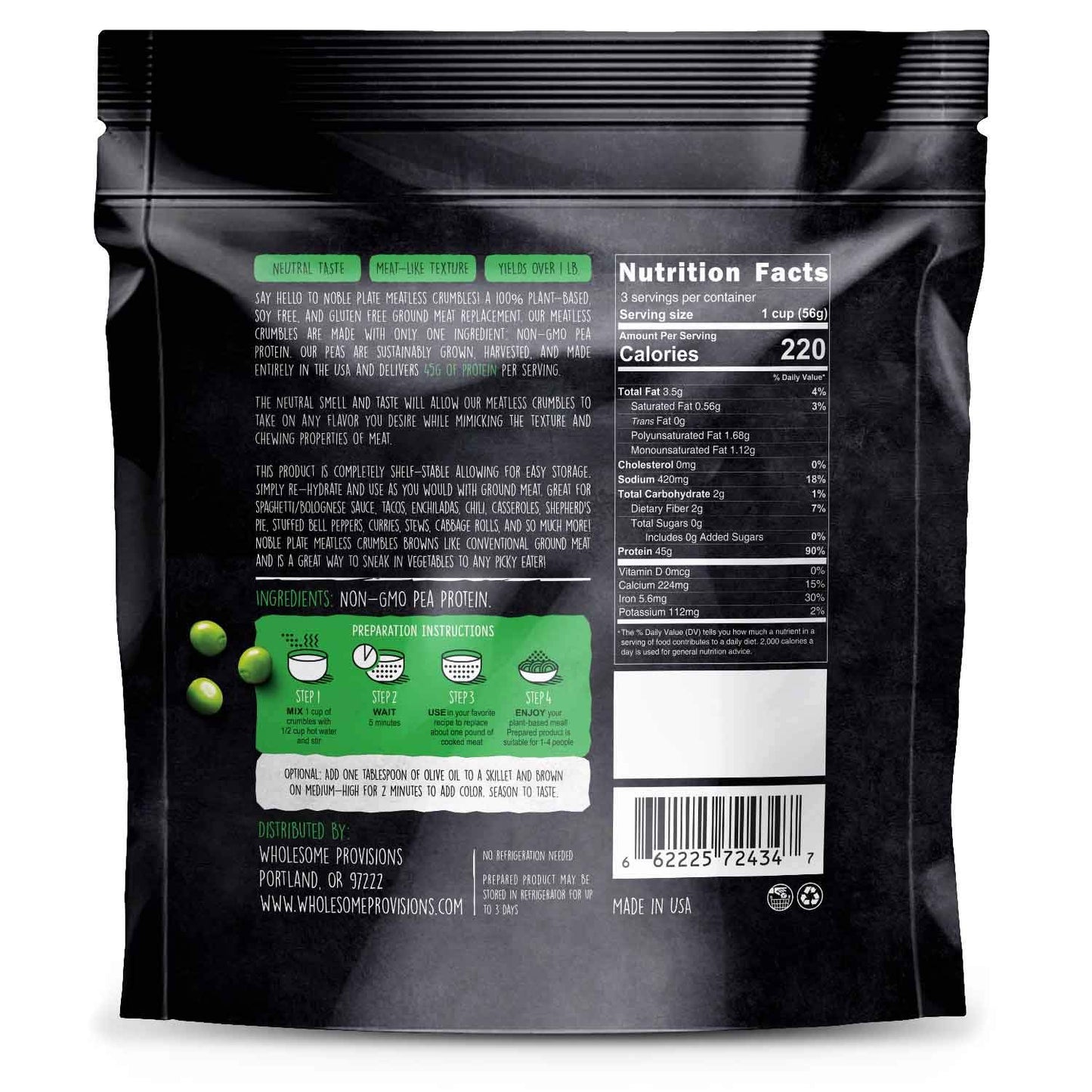 Meatless Crumbles, Soy Free, Non-GMO, Vegan, 45g Protein, 0g Net Carb, Plant-Based Vegan Meat Substitute, Made in USA, Wholesome Provisions, 170g