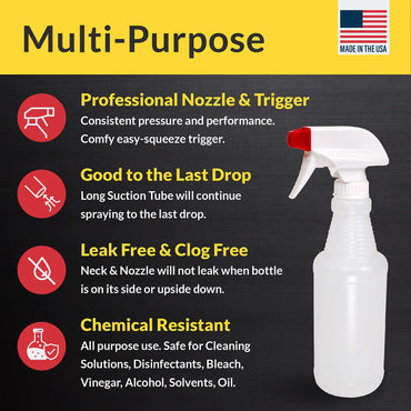 Pinnacle Mercantile Plastic Spray Bottles USA Made 4 Pack 16 Oz Heavy Duty No Leak Empty Refillable Spray Bottle Mist Stream for Cleaning Solutions, Plant, Hair, Bleach, Vinegar, Alcohol Safe