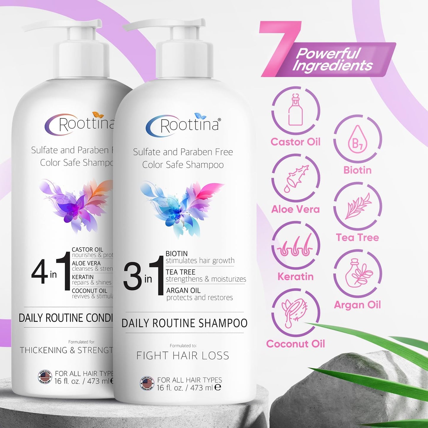 Fights Hair Loss – Roottina Daily Routine Shampoo and Conditioner for Women Hair Loss with DHT Blocker, Formulated for Thinning Hair & Hair Growth Support, Infused with Natural Oils (16 fl oz x 2)