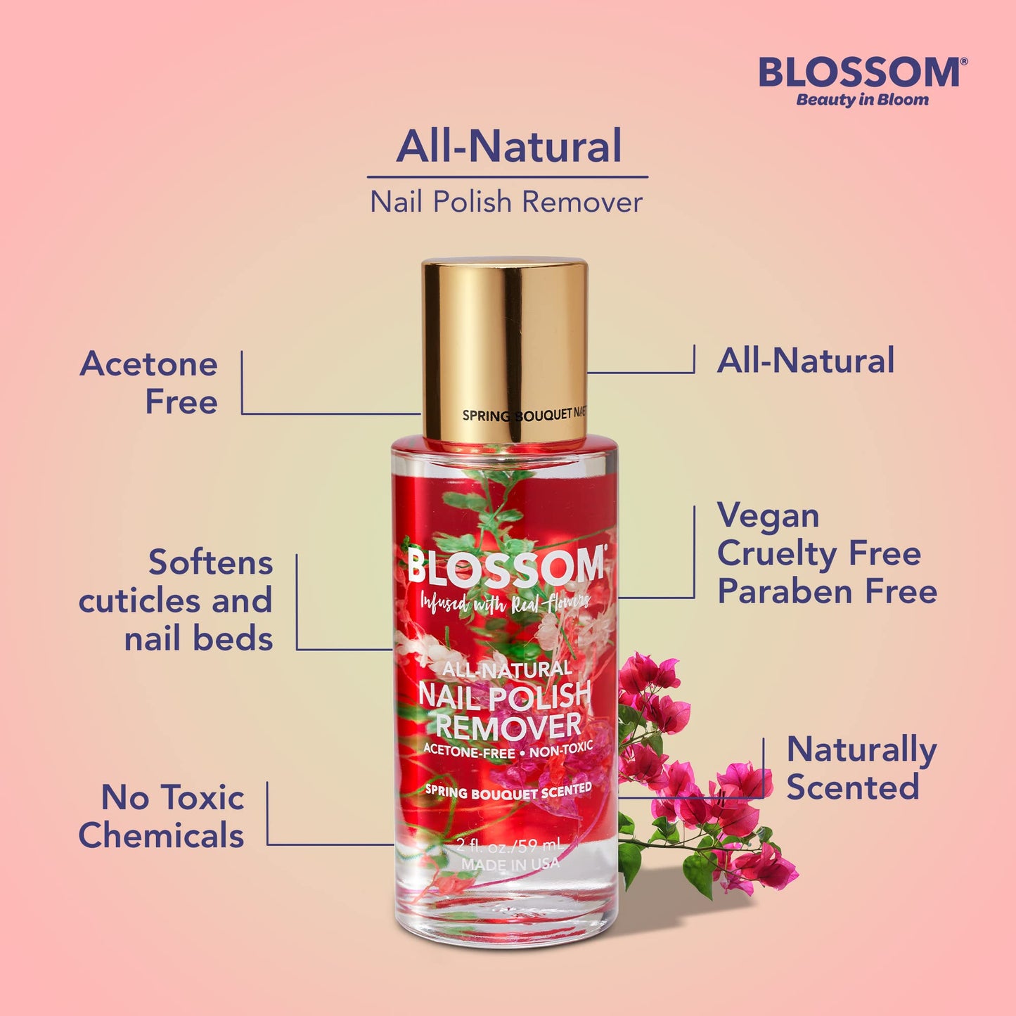 Blossom Non Toxic Nail Polish Remover Non Acetone, All Natural Scented, Vegan, Acetone Free Nail Polish Remover, Organic Plant-Based, Infused with Real Flowers, Made in USA, 2oz, Spring Bouquet