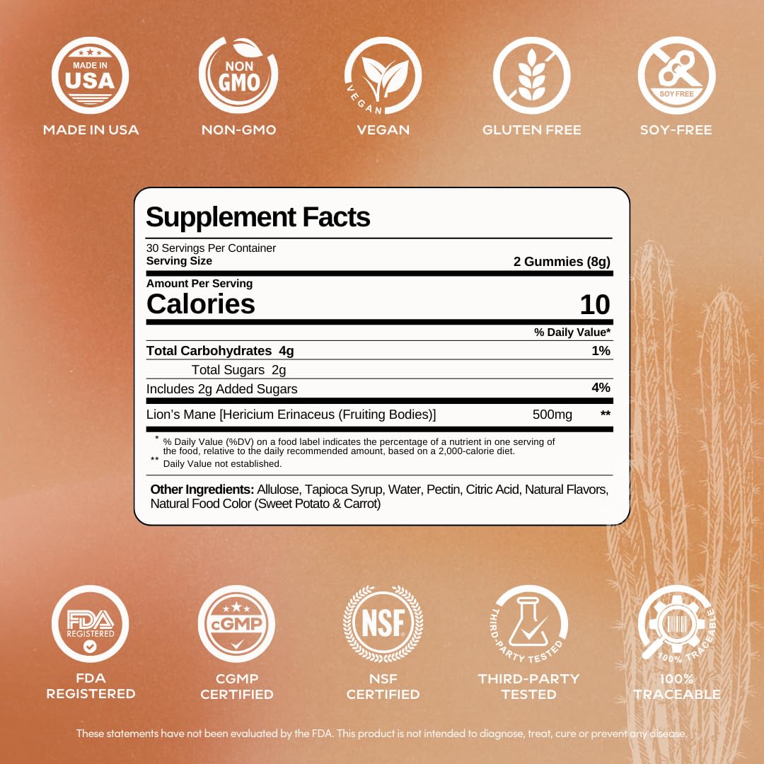 Lion’s Mane Mushroom Gummies for Focus, Memory & Clarity | 500mg Fruiting Body Extract per Serving | Brain Health & Cognitive Support | Organic, Vegan, Gluten-Free | Canyon Cooler Flavor | 30 Servings