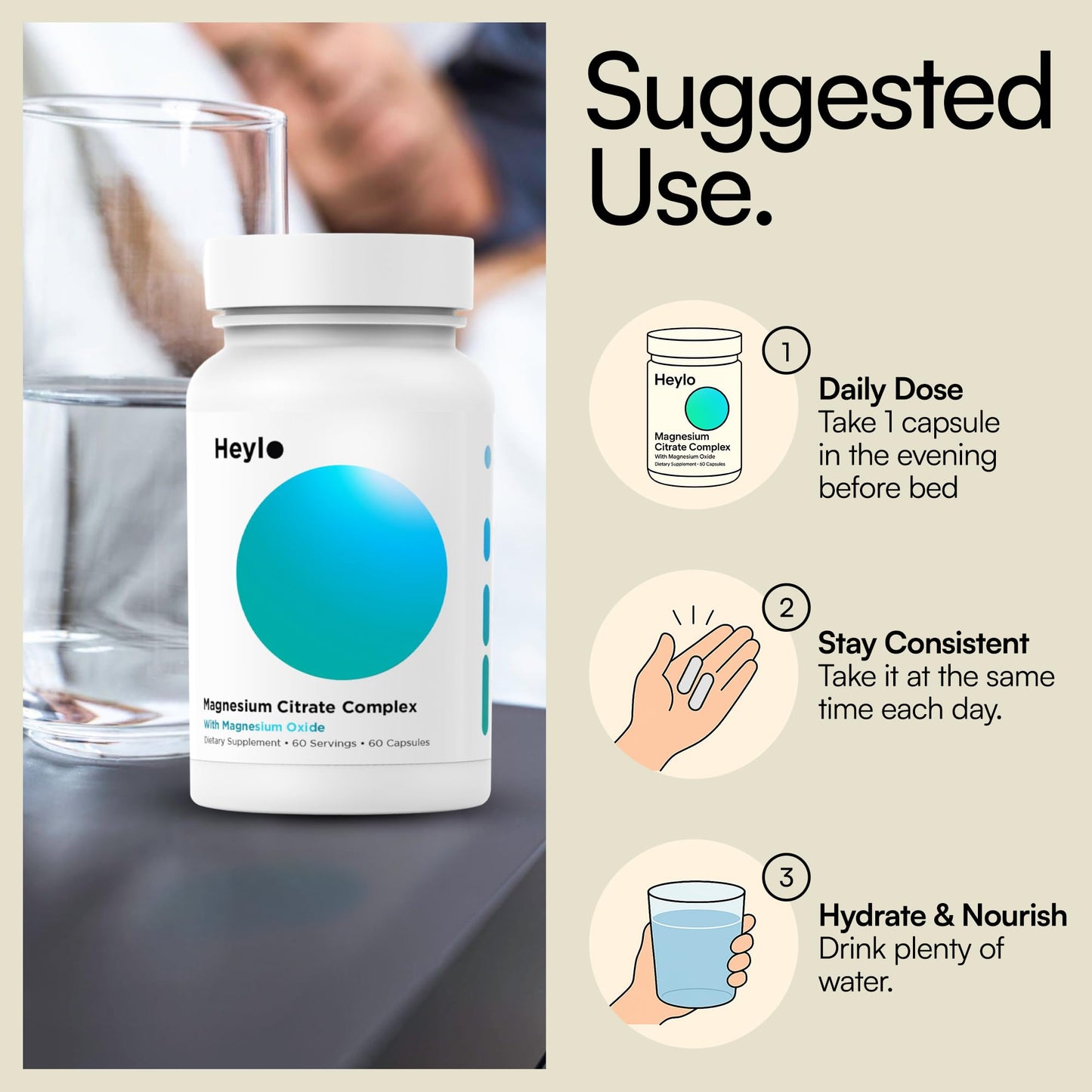 Heylo Magnesium Citrate Complex 500 mg - High Absorption Formula for Muscle Relaxation, Energy Support, Bone & Heart Health, Digestion, Stress Relief - Non-GMO, Vegan, 60 Capsules