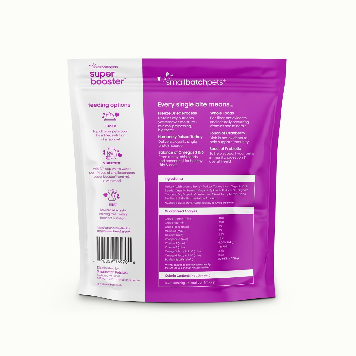 Smallbatch Freeze Dried Dog Treats, Superfood Food Topper Turkey Bites for Dogs & Cats, Probiotics, Organic Ingredients, High Protein, Grain Free Healthy Treat & Food Topper, Made in the USA, 7 oz Bag