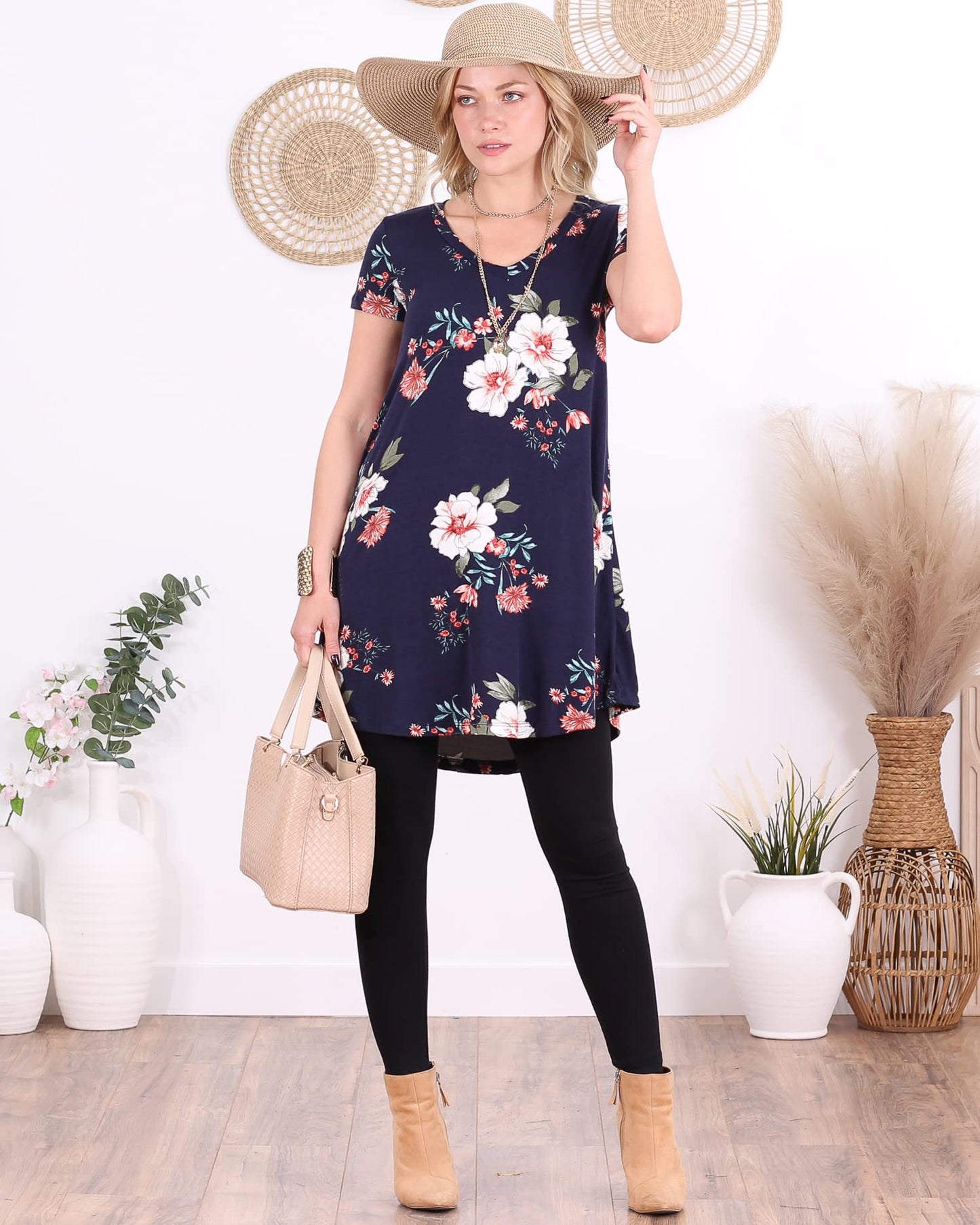 Popana Womens Short Sleeve Summer Tunic Tops to Wear with Leggings Loose Fit Made in USA Floral