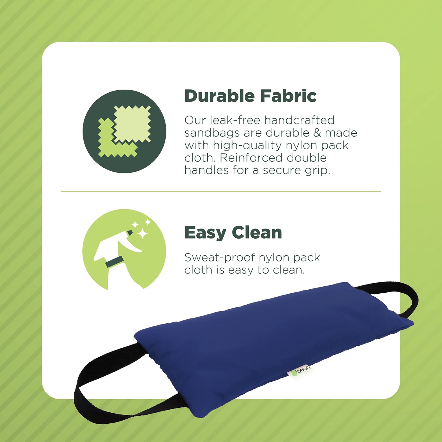 Bean Products Yoga Sandbag 10 LB - Filled - Durable Charcoal Nylon - Two Handle Design DUST Free Washable Commercial Studio Quality Pilates Stretching Fitness Weight Training - Made in USA