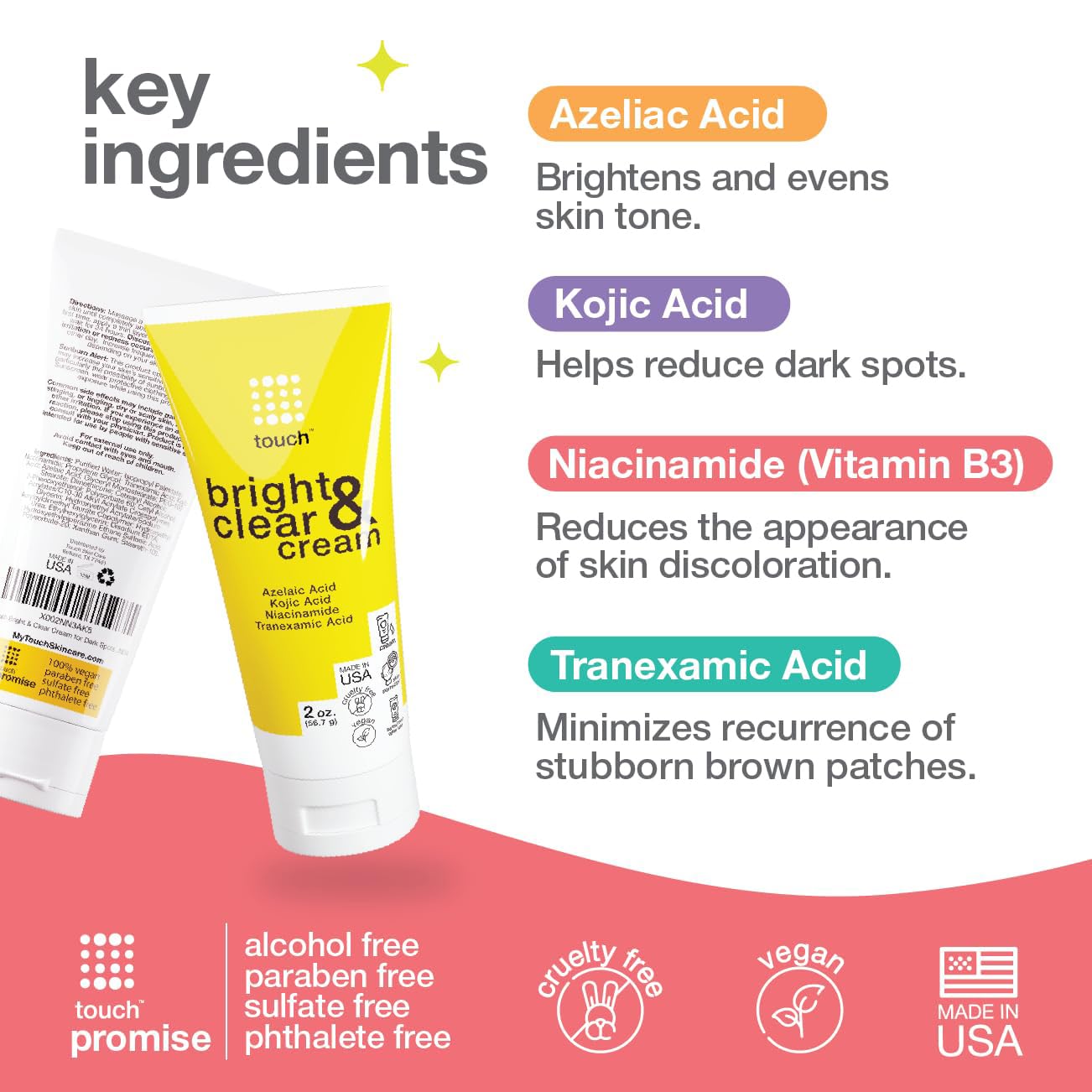 TOUCH Radiance Cream with Niacinamide, Kojic Acid, Tranexamic Acid & Azelaic Acid – Brightening Face Cream for Uneven Skin Tone – 2 oz