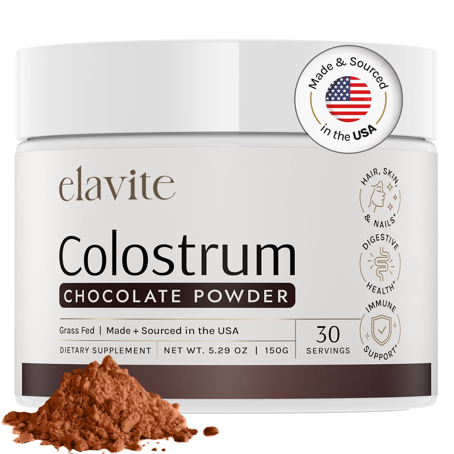 Elavite Colostrum Powder (Chocolate) Grass Fed Colostrum Supplement for Gut Health, Immune Support Healthy Hair, Skin & Nails - 30 Servings