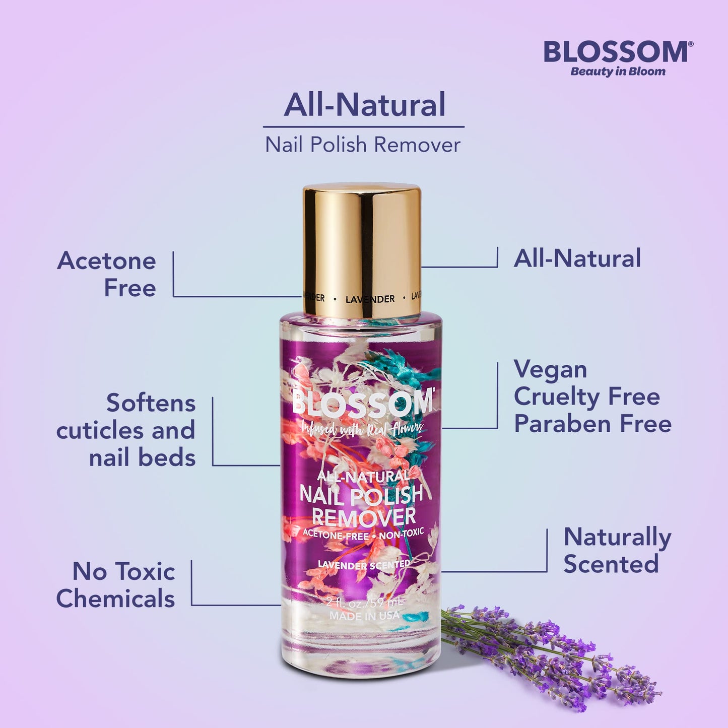 Blossom Non Toxic Nail Polish Remover Non Acetone, All Natural Scented, Vegan, Acetone Free Nail Polish Remover, Organic Plant-Based, Infused with Real Flowers, Made in USA, 2oz, Lavender
