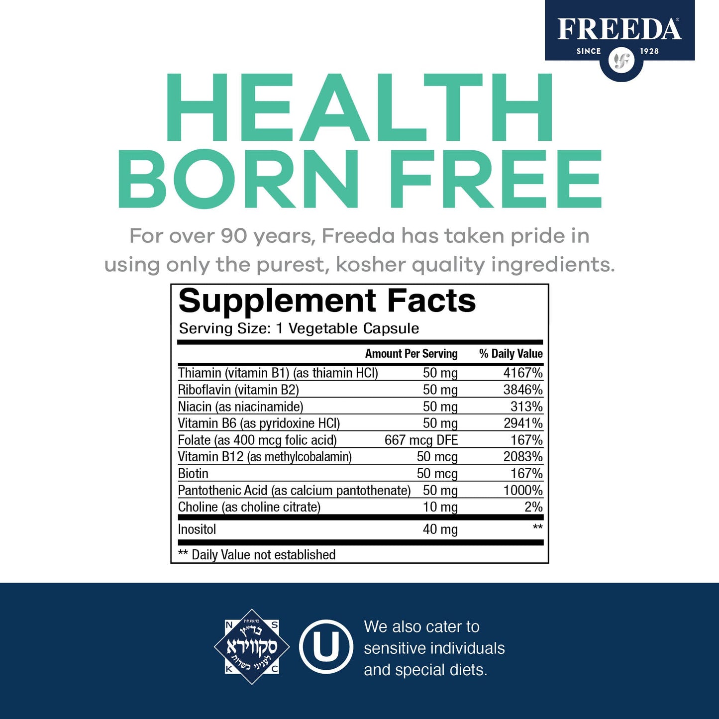 FREEDA Vitamin B Complex - Super Quints B-50 - Kosher Super B Complex Vitamin Supplement for Women & Men with Vitamin B1 Vitamin B2 Vitamin B3 Vitamin B6 Vitamin B12 Plus Folic Acid (100 Capsules)