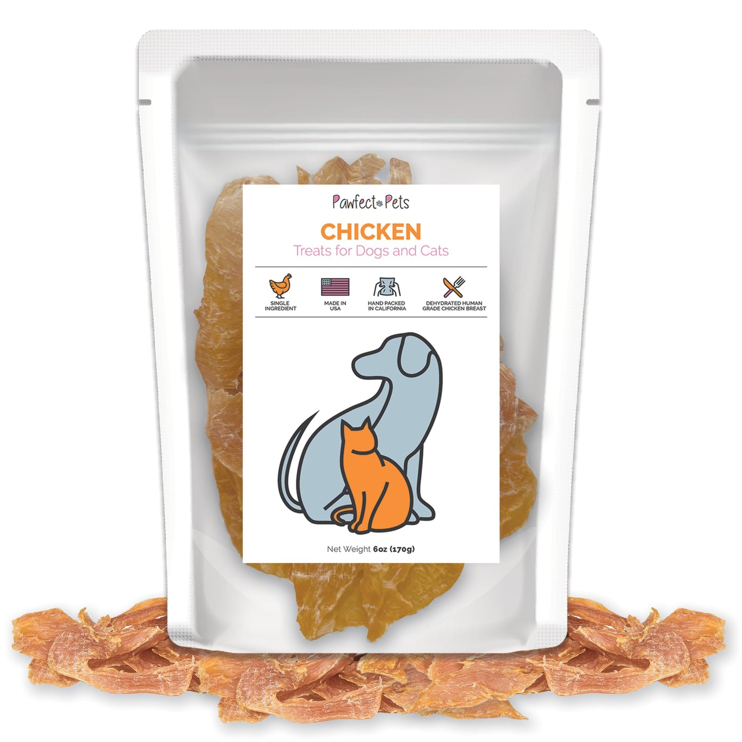 Pawfect Pets Single Ingredient Dehydrated Chicken Breast Treats for Dogs and Cats, 6oz Bag. USA Made