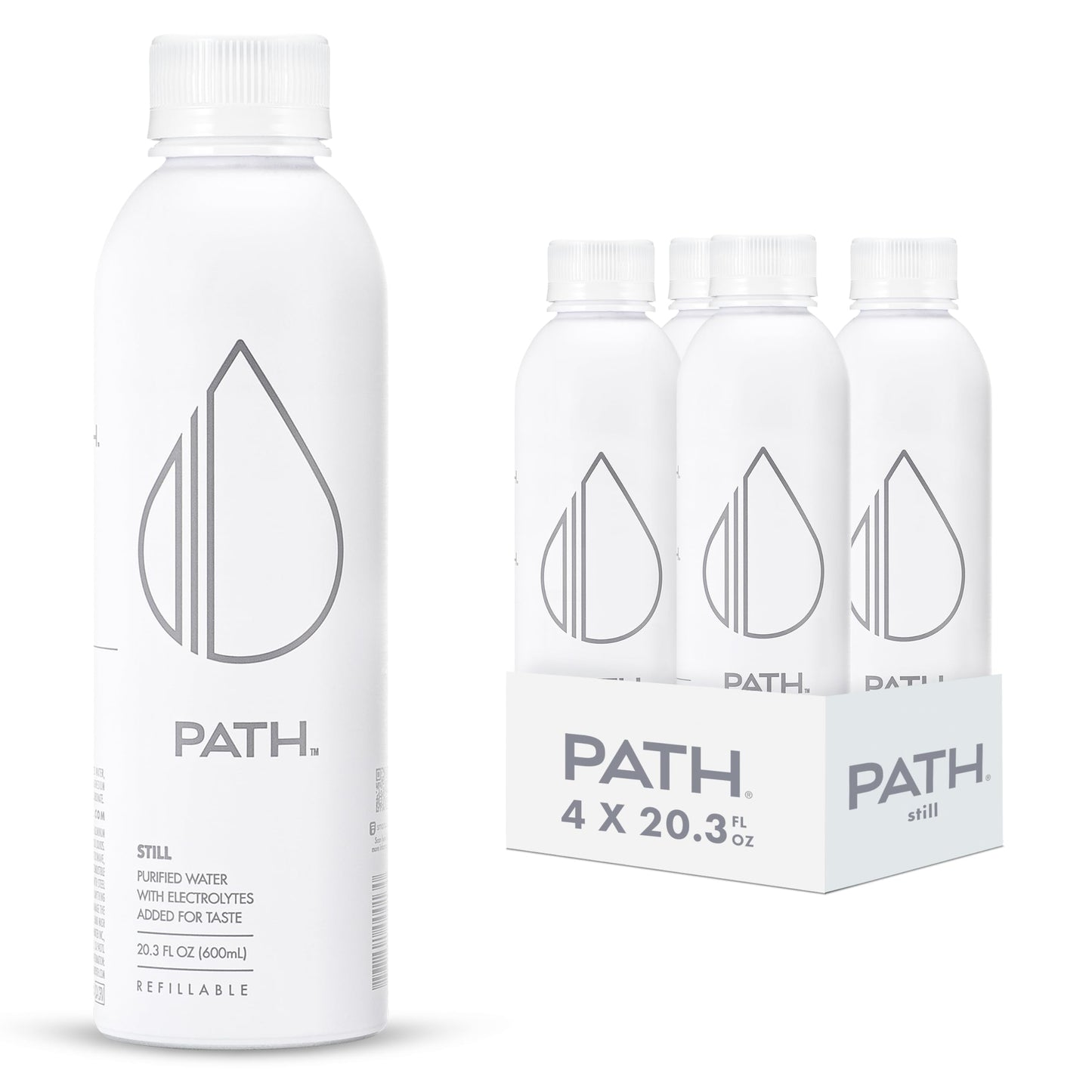 PATH Still Bottled Water - Ultra-Purified, pH-Balanced Purified Water in Aluminum Bottle - BPA-Free, Reusable, Infinitely Recyclable - Crisp, Refreshing Taste 20.3 fl oz (Pack of 4)