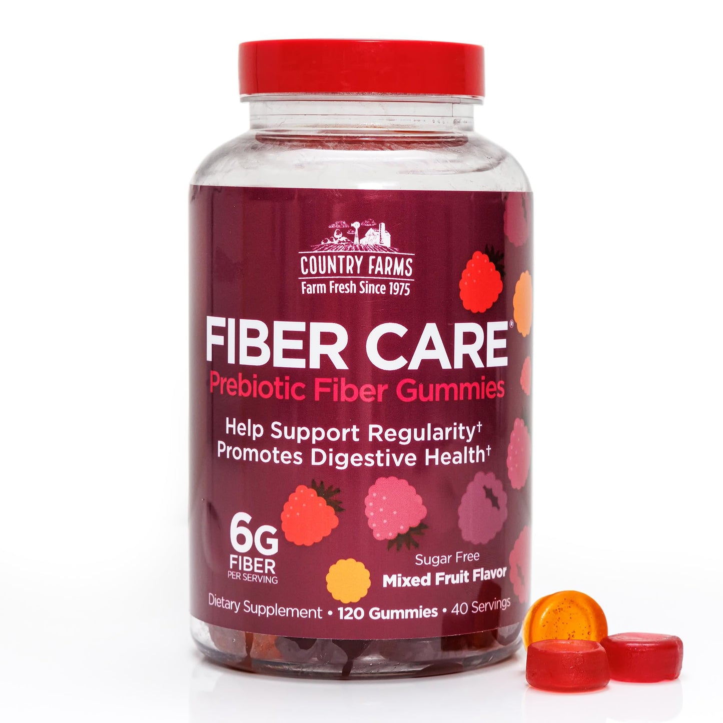 Country Farms Fiber Care Prebiotic Gummies, 6g of Fiber Per Serving, GLP-1 Booster, FOS from Beets, Digestive Health, Supports Regularity, Mixed Fruit Flavor, 120 Gummies, 40 Servings
