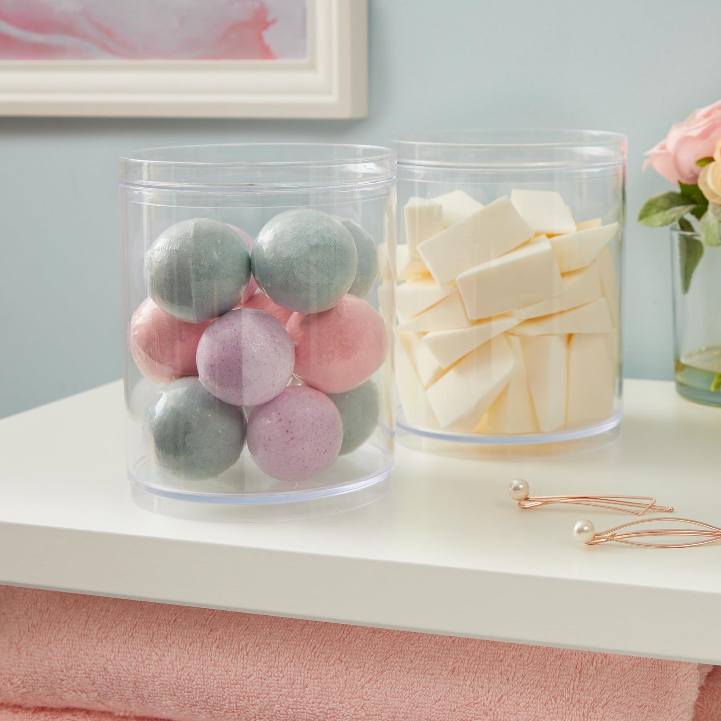 STORi Bella Tall Scrunchie Holder | Stackable Clear Plastic Container (Set of 2) Round Vanity Storage Organizers with Lids for Hair Accessories & Beauty Supplies | Made in USA
