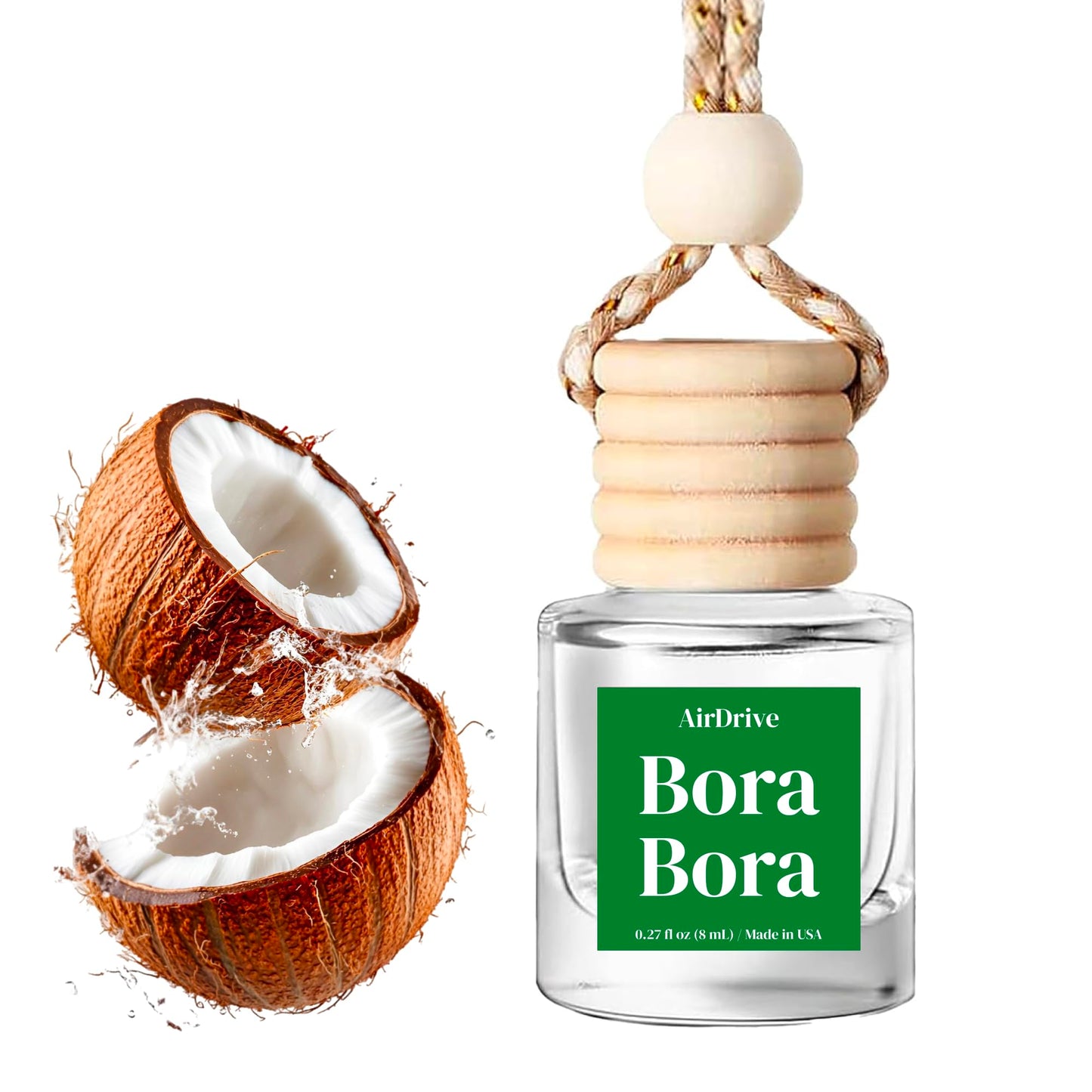 Car Air Freshener Bora Bora – Tropical Aroma Diffuser, Long-Lasting Coconut & Citrus Hanging Oil Diffuser with Wooden Cap, Non-Toxic Car Air Freshener For Women, Made in USA