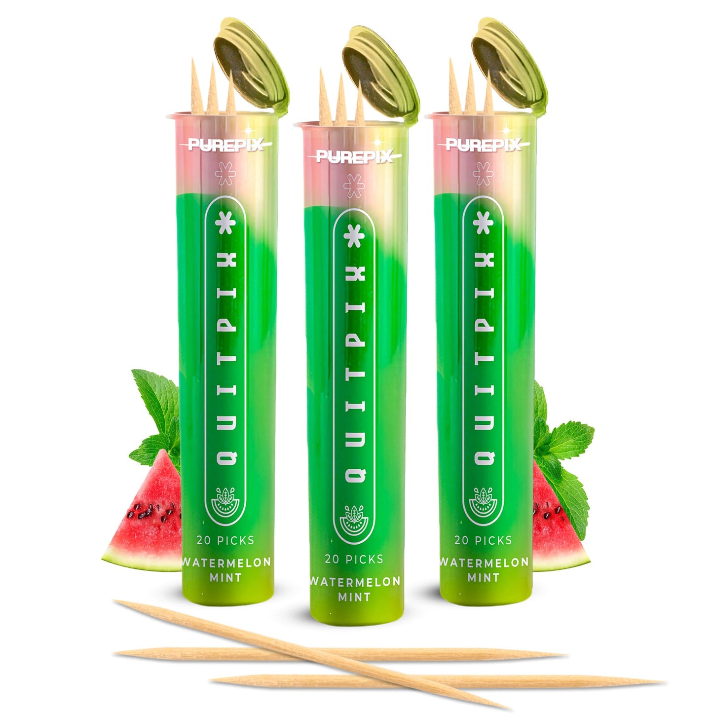 PurePix QuitPix to Help Quit Smoking - Flavored Toothpicks Extra Thick & Long Boosting with Lobelia Plant to Help Stop Smoking - Oral Fixation - Nicotine Free - Watermelon Mint 3 Pack