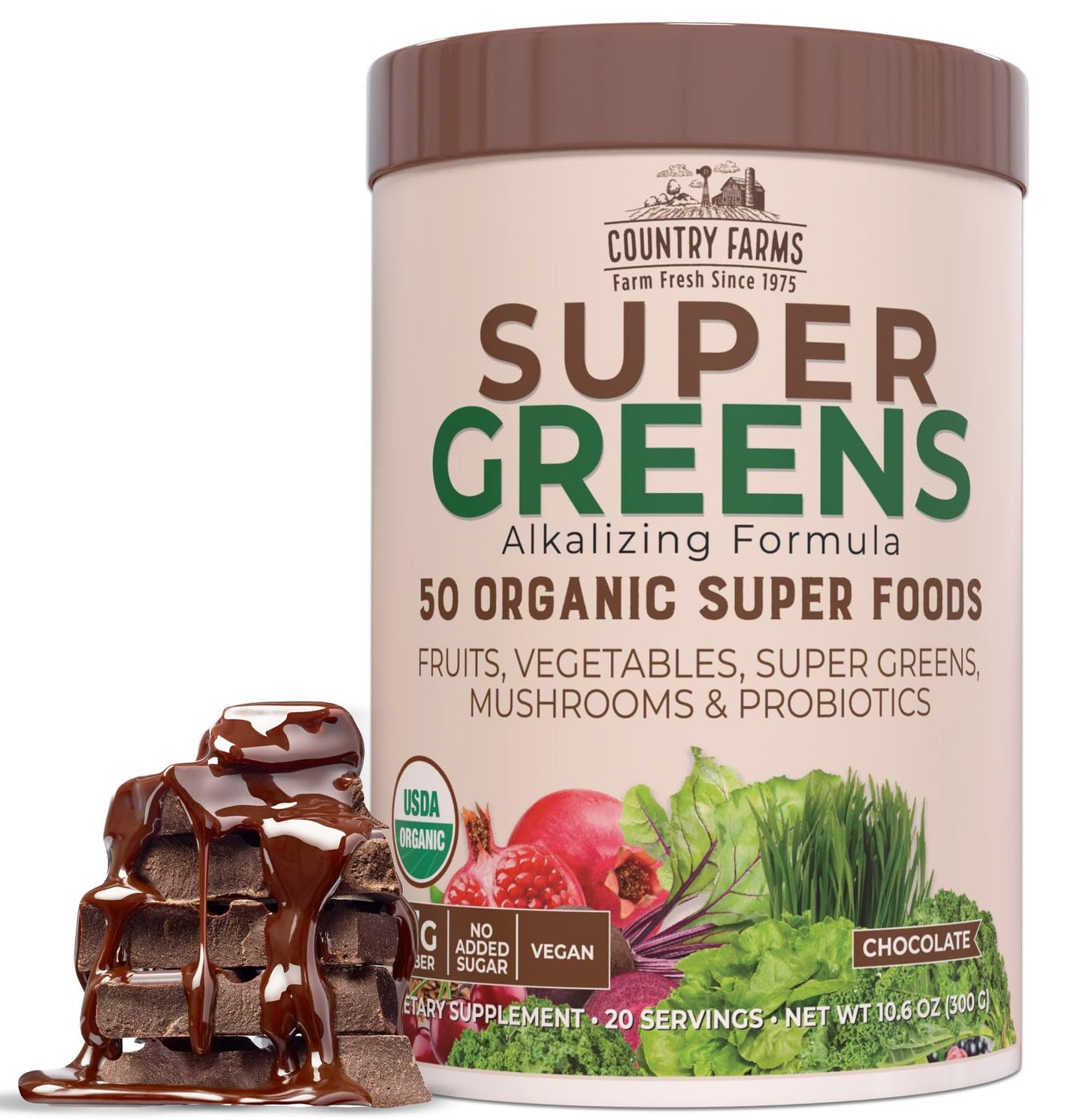 COUNTRY FARMS Organic Super Greens Chocolate Flavor, 50 Organic Super Foods, USDA Organic Drink Mix, Packed with Fiber, Fruits, Vegetables, Mushrooms & Probiotics, Supports Energy, 7g Fiber