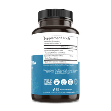 Thomas' all-natural Remedies Organic Ashwagandha Stress Support Supplement, Mood & Energy Support, Pure Ashwagandha 1000mg, Ultra Absorption with Black Pepper, Vegan, No fillers