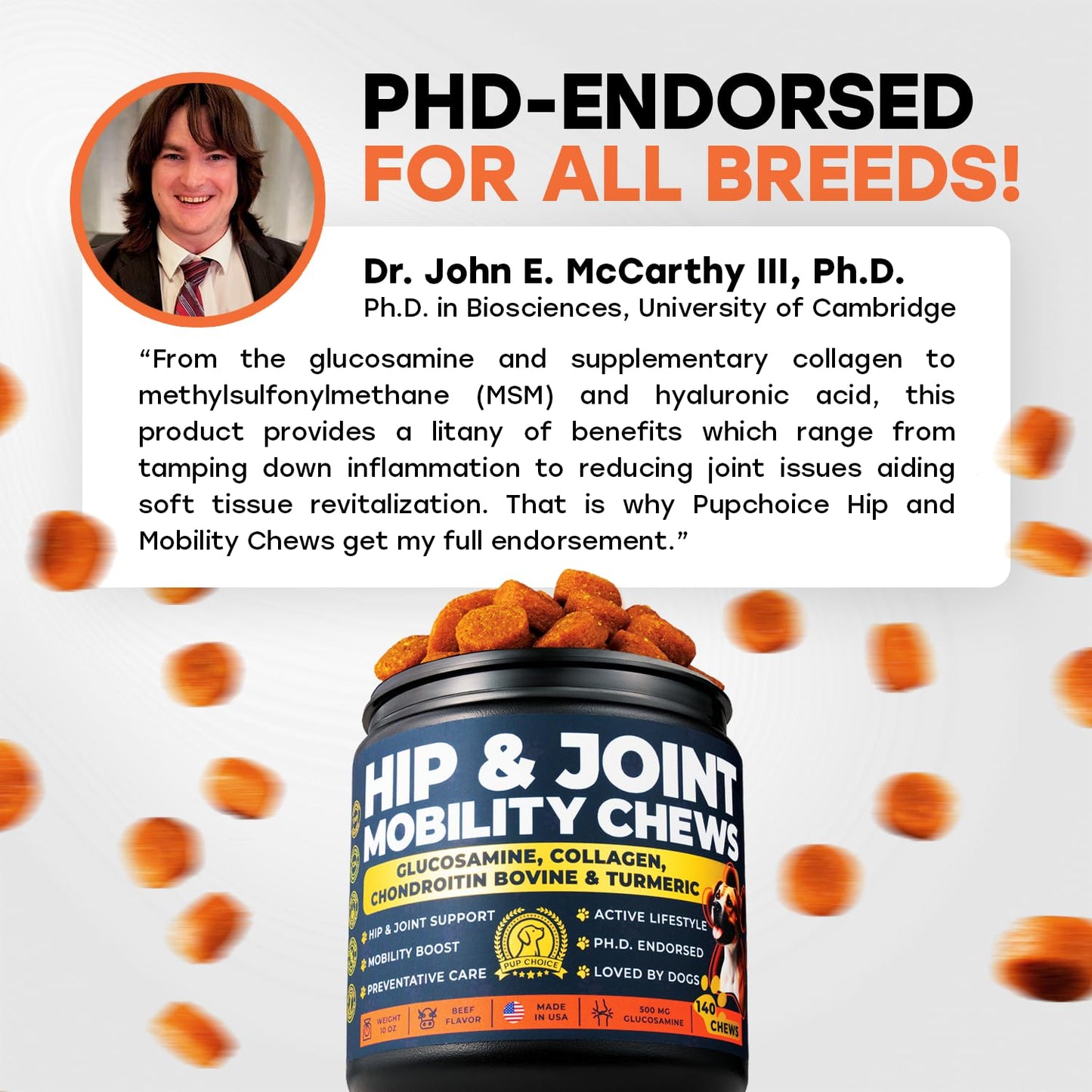 Hip & Joint Support Treats for Dogs - PhD Endorsed 500mg Glucosamine + Collagen, Chrondroitin & Turmeric- Preventative Care, Mobility Boost - 140 Treats - Beef Flavor - Made in USA