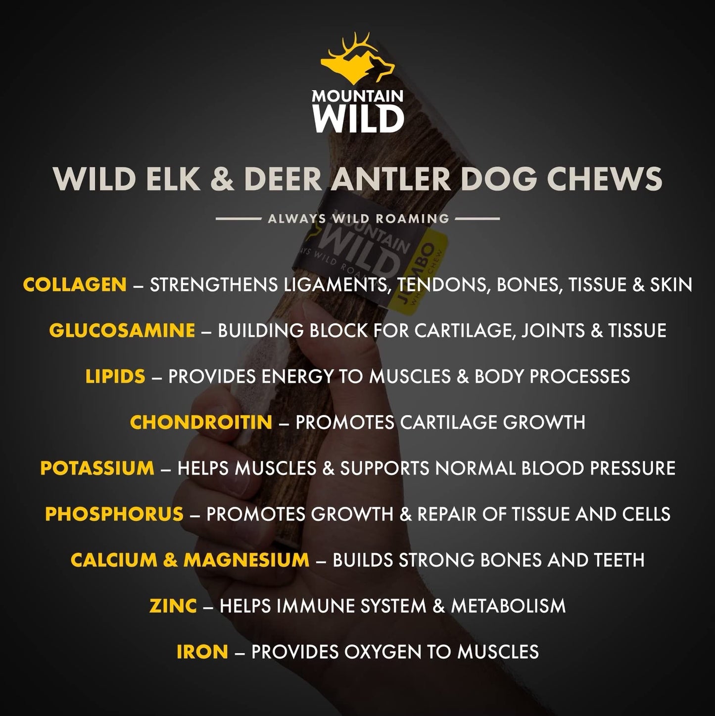 MOUNTAIN WILD Split Elk Antler Dog Chews for Aggressive Chewers – Naturally-Shed, Long-Lasting, Odorless, Mineral-Rich – No Fillers, No Preservatives – Supports Dental Health – Large Breeds (Jumbo)