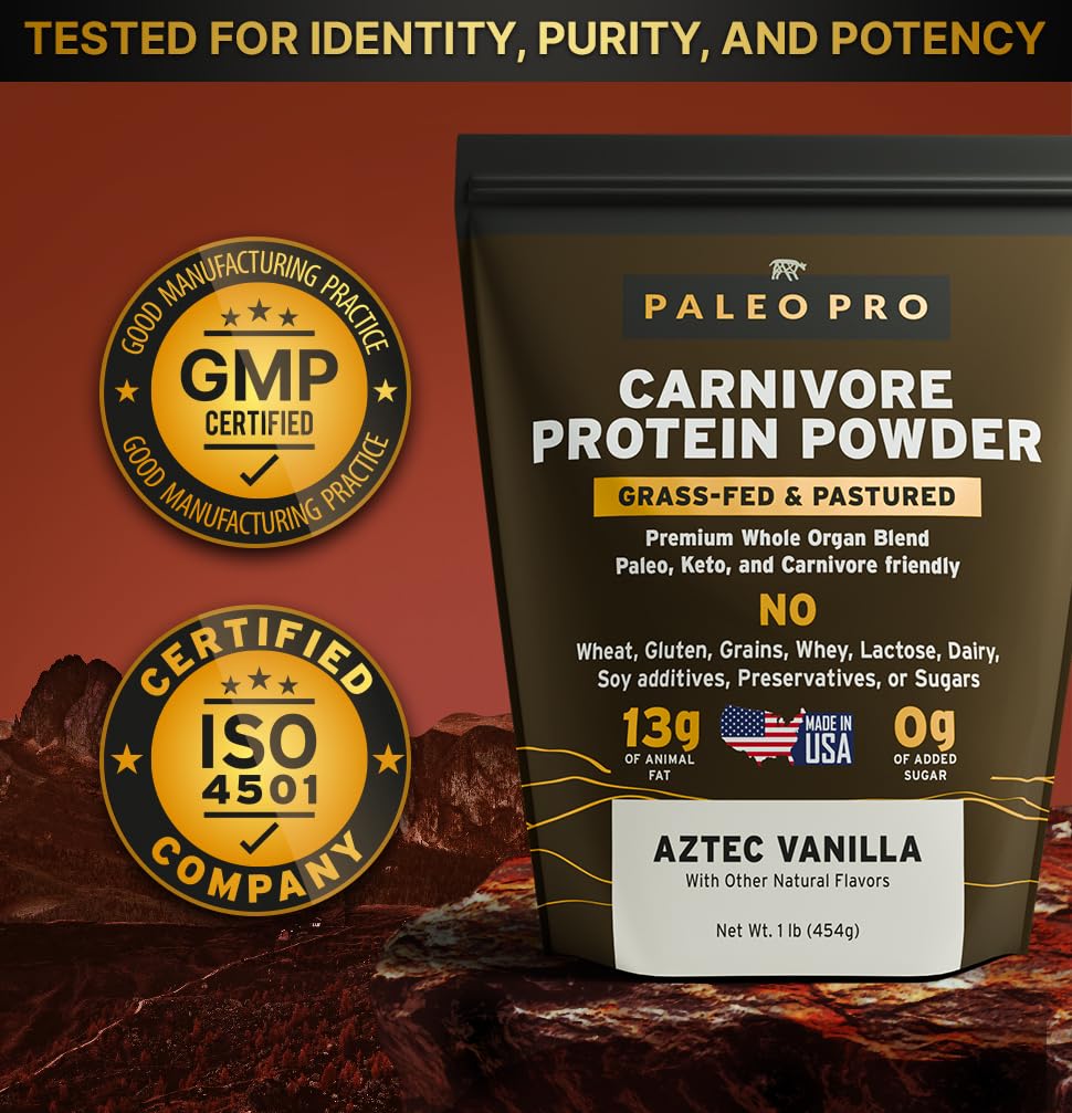 PaleoPro Carnivore Complete (Aztec Vanilla) Pastured & Cage-Free Protein, Grass-Fed Beef Tallow, Beef Organs | No Sugar, Soy, Grains or Net Carbs | Gluten Free. Paleo & Keto Macros (15 Servings)