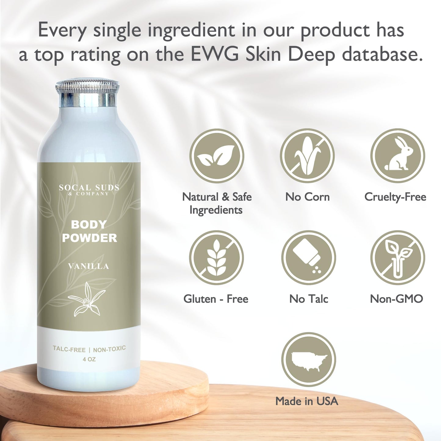 SoCal Suds & Company - Natural Body Powder Talc-Free - with Arrowroot Powder, Kaolin, Aspen Bark Extract for Soft Soothing Delicate Skin - Vanilla 4oz, 1-Pack