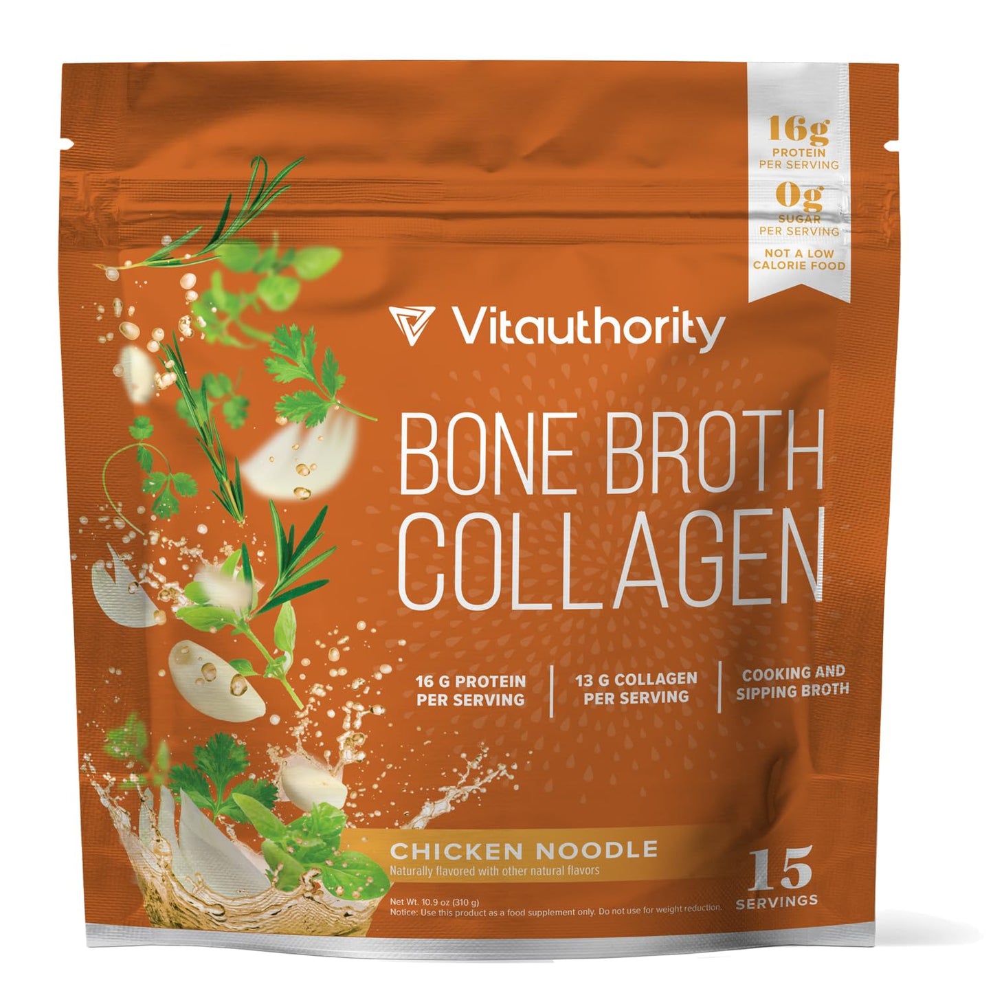 Vitauthority Bone Broth Collagen Delicious Chicken Noodle Flavored - Packed with 16g of Protein & Types I, II, III - Nourishes Skin, Hair, Nails, Joints, & Gut - Beef BoneBroth