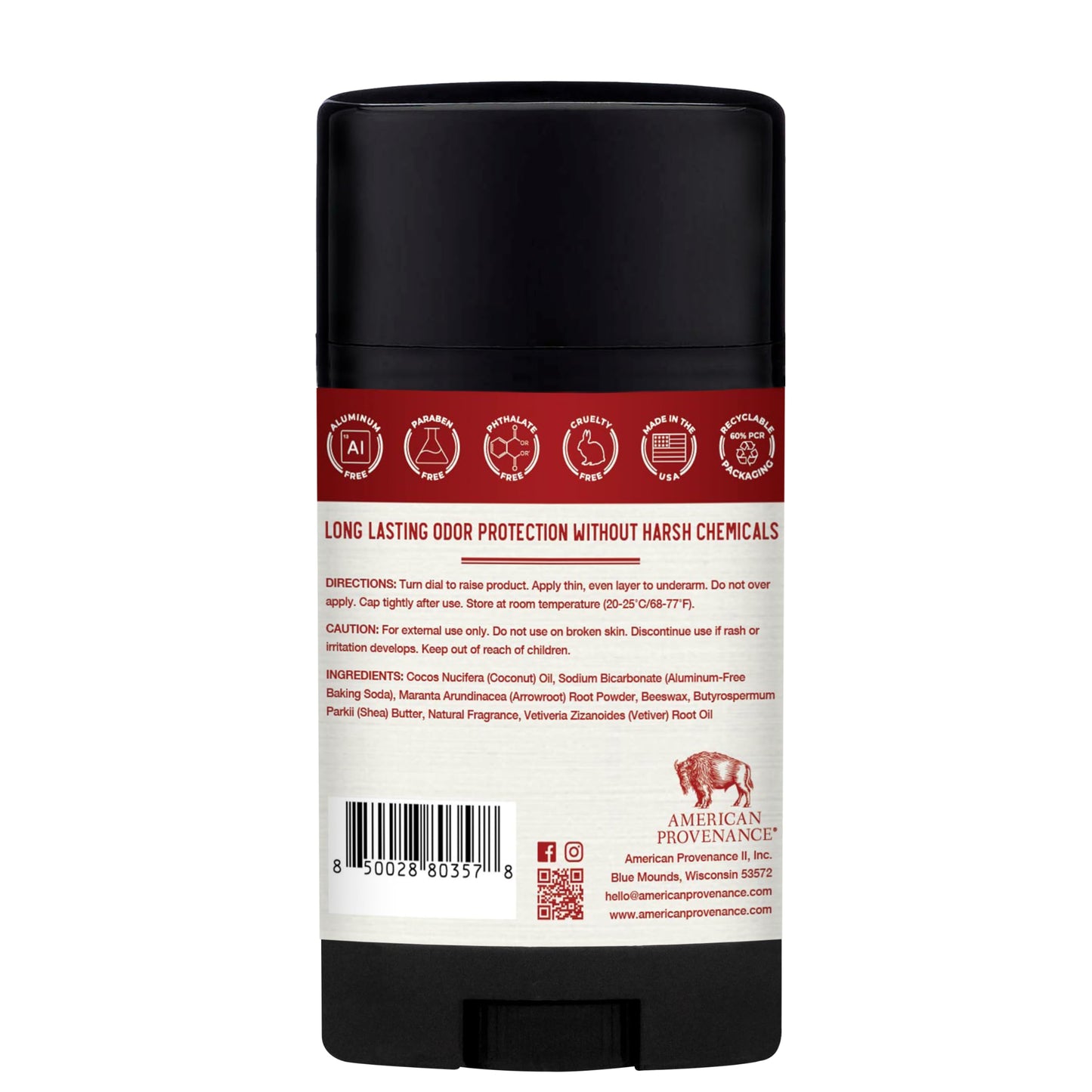 American Provenance Aluminum Free Natural Deodorant For Women and Men - Bourbon and Vetiver - 24 Hour Protection - Cruelty Free - Made in the USA (1 pack)