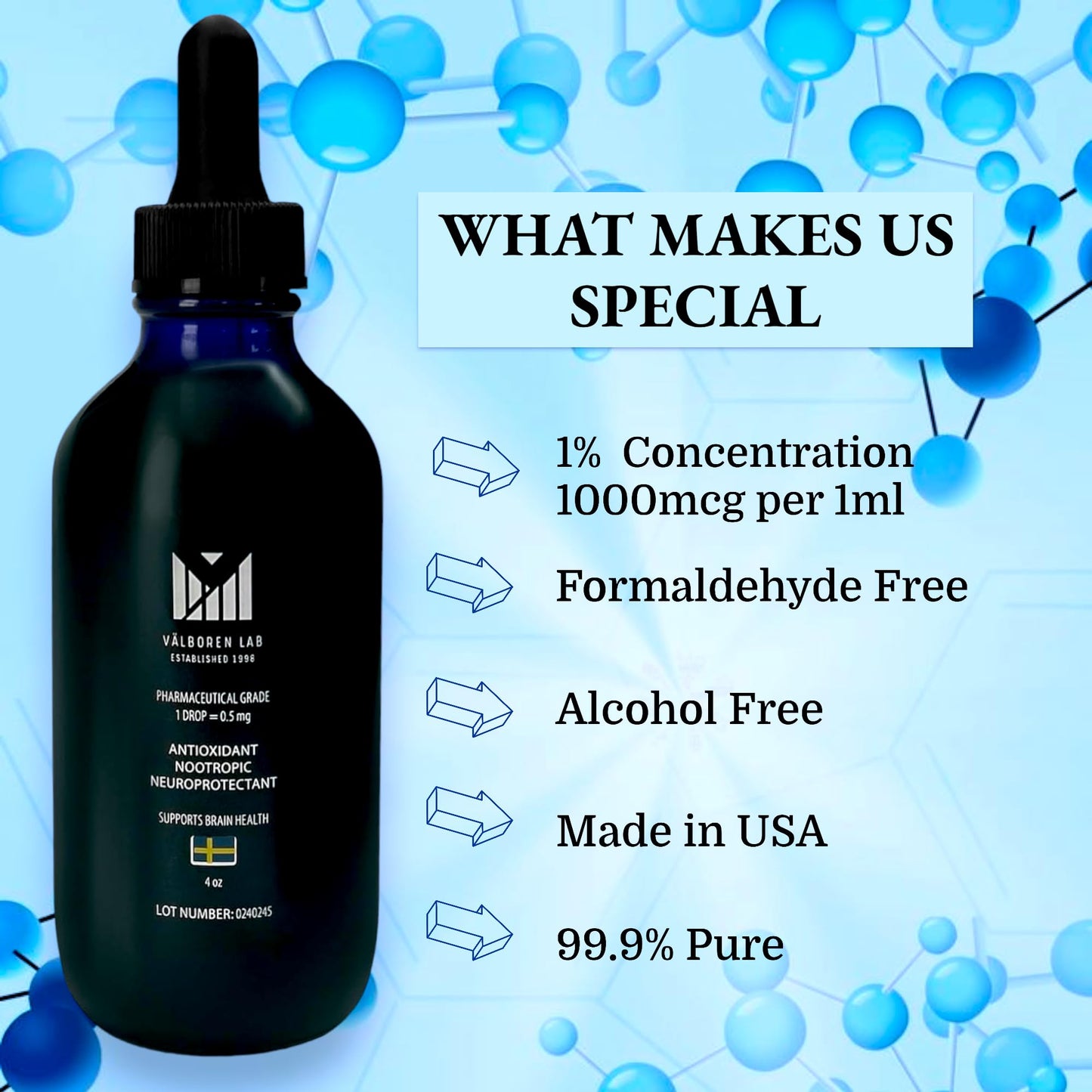 Methylene Blue Pharmaceutical Grade - Third Party Tested - Formaldehyde & Alcohol-Free - Methylene Blue 1% for Humans - USP Grade Brain Health Dietary Supplement - Made in USA (118ML Bottle)