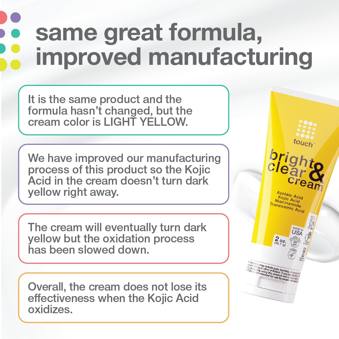 TOUCH Radiance Cream with Niacinamide, Kojic Acid, Tranexamic Acid & Azelaic Acid – Brightening Face Cream for Uneven Skin Tone – 2 oz