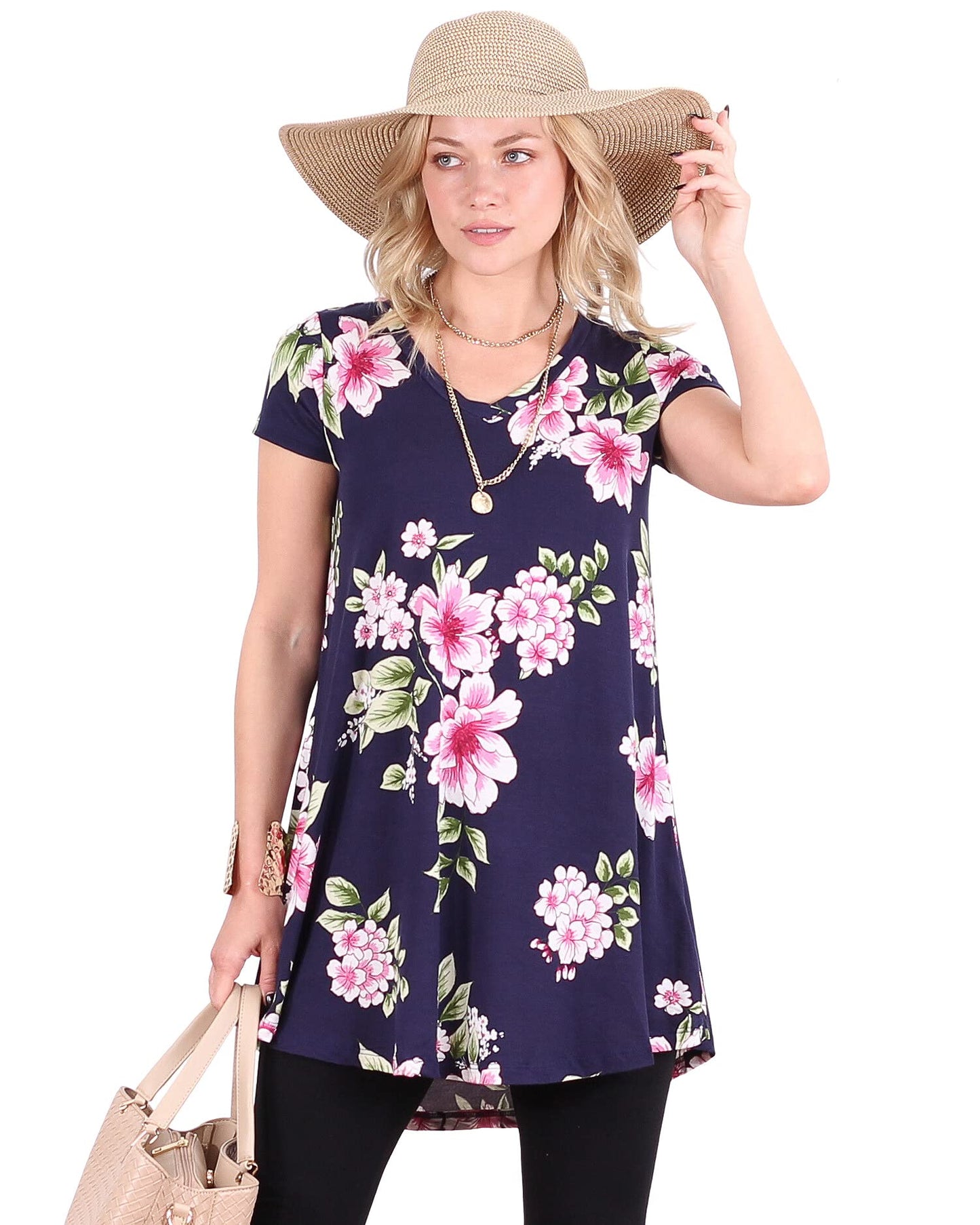 Popana Womens Short Sleeve Summer Tunic Tops to Wear with Leggings Loose Fit Made in USA Floral