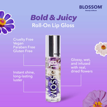 Blossom Roll on Lip Gloss, Scented Clear High Shine Moisturizing Lip Oil, Non Sticky, Infused with Real Flowers, Made in USA, 0.2oz, Coconut