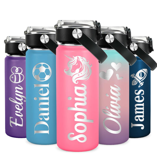 Personalized Kids Water Bottle with Name for School - Custom 18oz Water Bottle with Straw Lid Stainless Steel w/Engraved Names - Personalized Back to School Gifts for Boys Girls kids (Engraved)