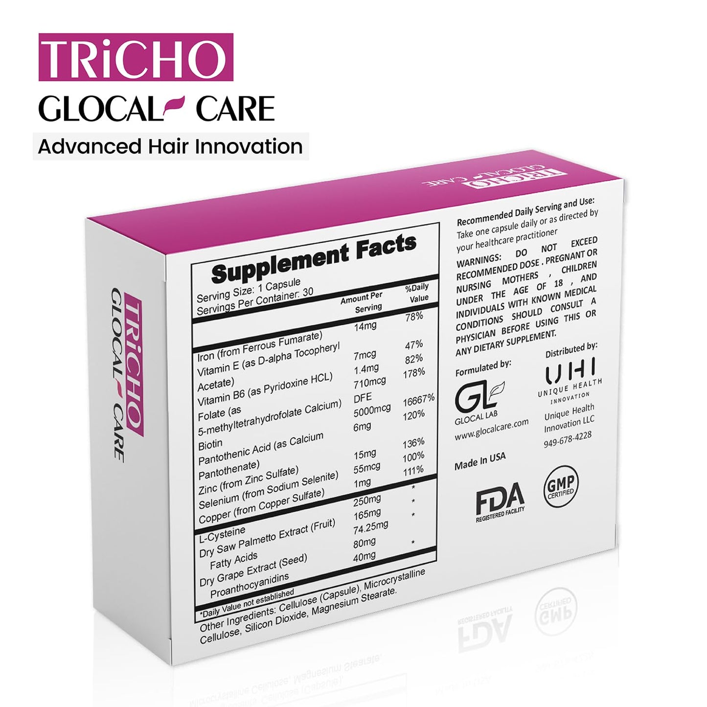 GlocalCare Tricho - Hair Growth Supplement, DHT Blocker with Saw Palmetto, 5000mcg Biotin & L-Cysteine - Revitalizes Thinning Hair, Stimulates Follicles & Promotes Regrowth in Men & Women - 30 ct