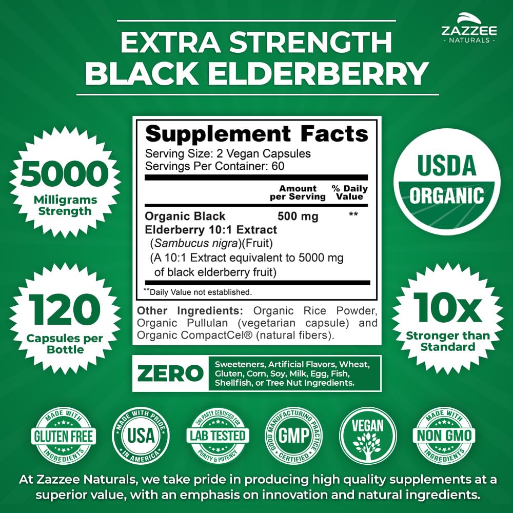 Zazzee USDA Organic Black Elderberry 10:1 Extract, 5000 mg Strength, 120 Vegan Capsules, 2 Month Supply, Standardized, Concentrated 10X Extract, 100% Vegetarian, All-Natural, Non-GMO, Made in The USA