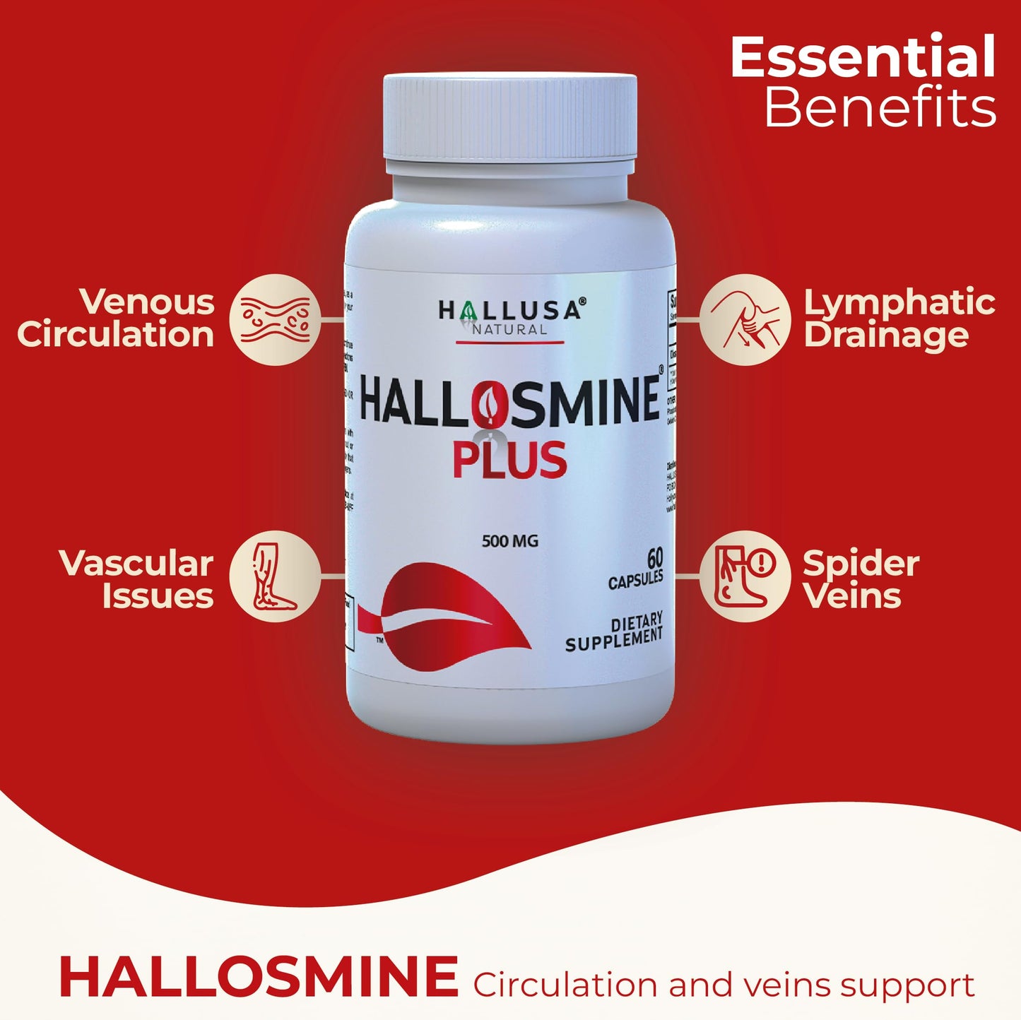 Hallosmine Plus Diosmin 500mg, Varicose Veins, Leg Circulation Supplement, Heavy Legs, Diosmin Circulation Support, Lymphatic Drainage & Blood Circulation Supplement - 60 Caps
