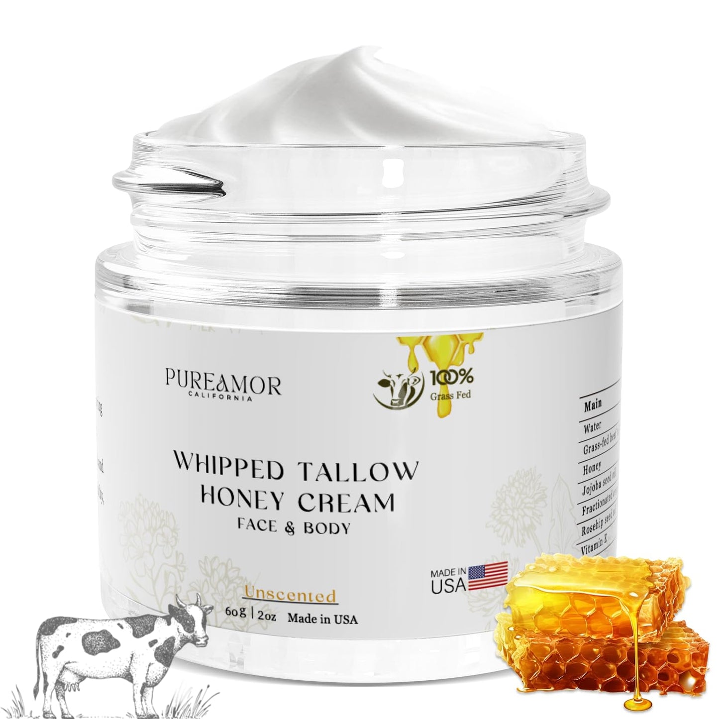 PUREAMOR Beef Tallow for Skin, Beef Tallow Face Moisturizer Cream, Fast Absorption Whipped Tallow and Honey Balm, 2oz. Unscented, Grass Fed Beef Tallow for Skin Care, Face,Body Moisturizer,Made in USA