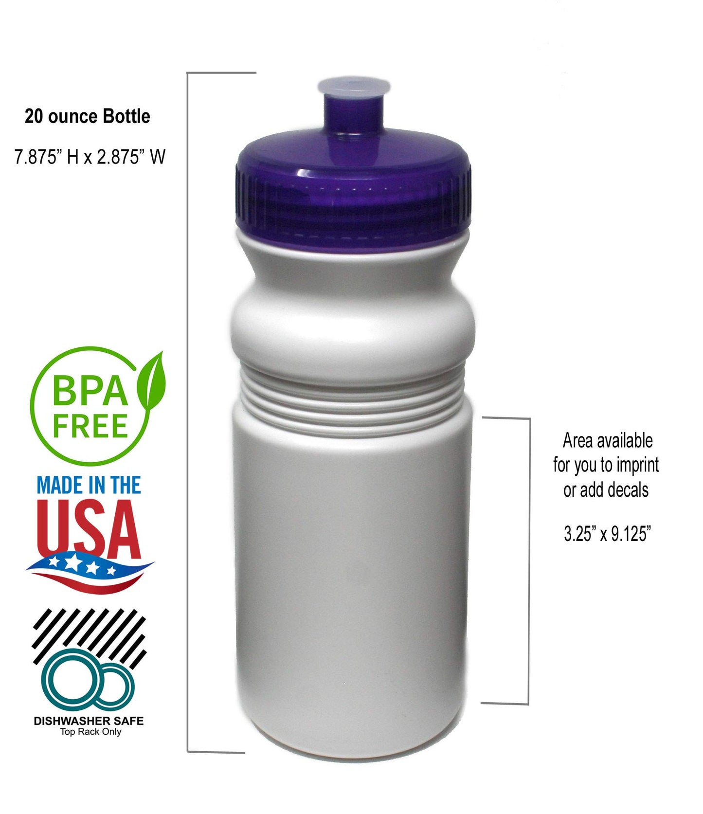 Rolling Sands 20 Ounce Sports Water Bottles 6 Pack, BPA-Free, Made In USA, Dishwasher Safe, White/Rainbow