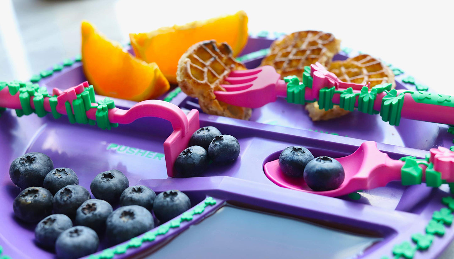 Constructive Eating Plate and Utensils Set - USA-Made Toddler Dinnerware with Divided Plates (Garden Fairy)