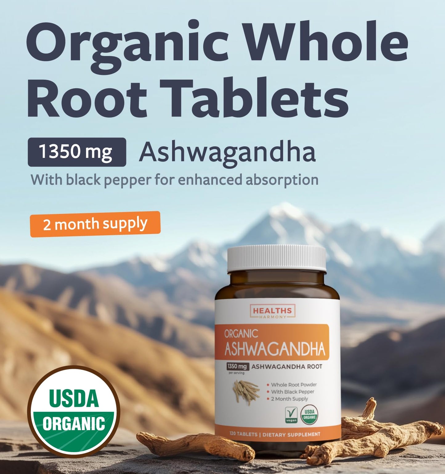 USDA Organic Ashwagandha Supplement - High Potency Ashwagandha Pills Made With Organic Black Pepper for Enhanced Absorption - Vegan Non-GMO Made in the USA & Lab Verified (2 Months Supply)