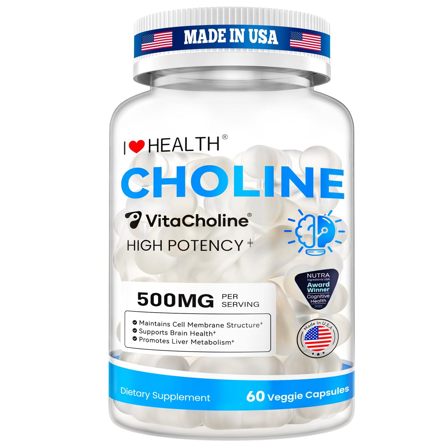 I LOVE HEALTH Award Winner - Liquid Choline Supplement - 500mg – Pregnancy & Baby Brain Support - Liver LDL & HDL Level Support– 60 Caps – Made in USA