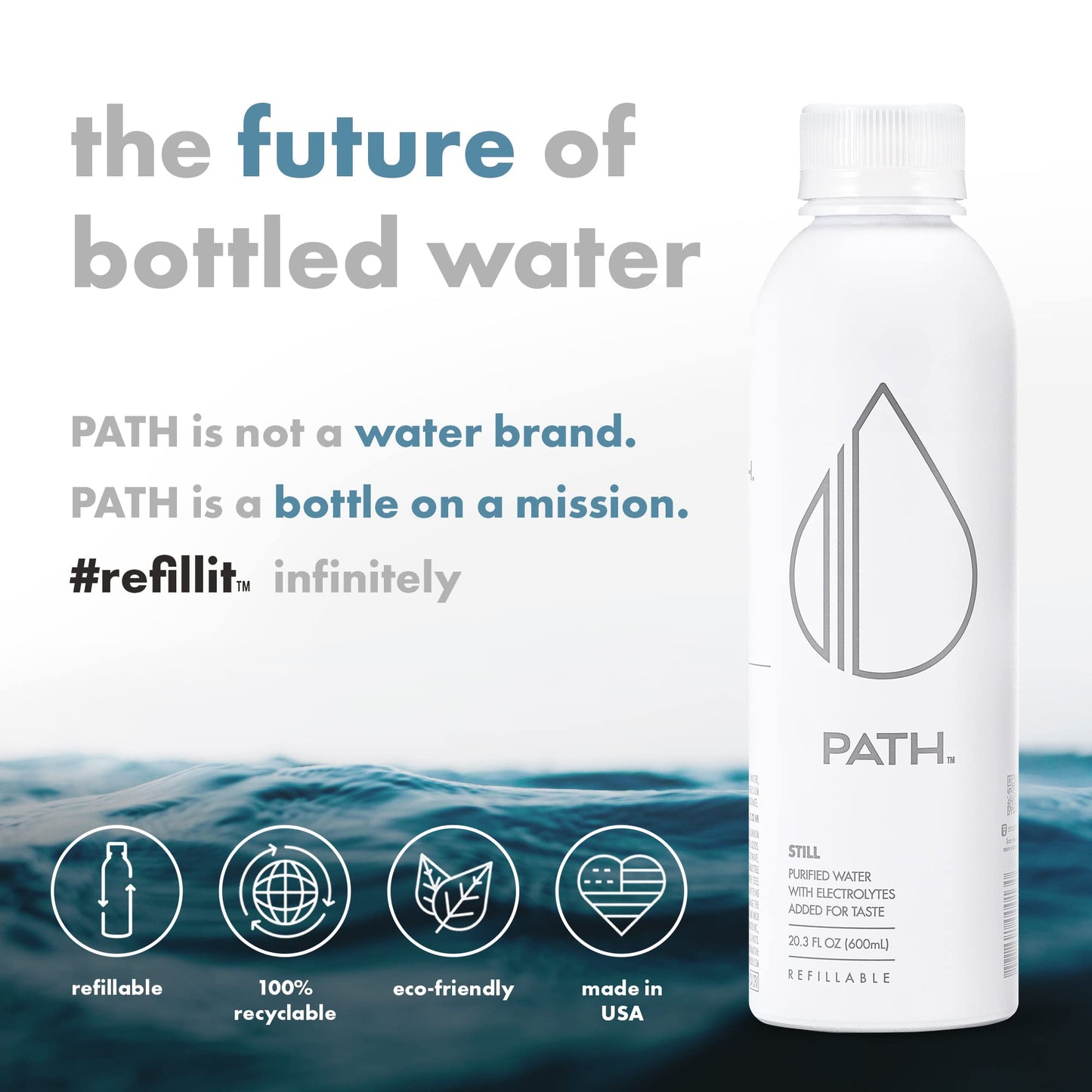 PATH Still Bottled Water - Ultra-Purified, pH-Balanced Purified Water in Aluminum Bottle - BPA-Free, Reusable, Infinitely Recyclable - Crisp, Refreshing Taste 20.3 fl oz (Pack of 4)